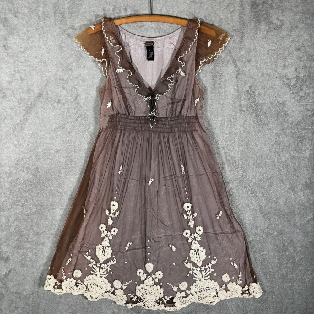 Lithe Brown Embroidered Tulle Smocked Waist Cap Sleeve Dress Size 6 Boho Fairy